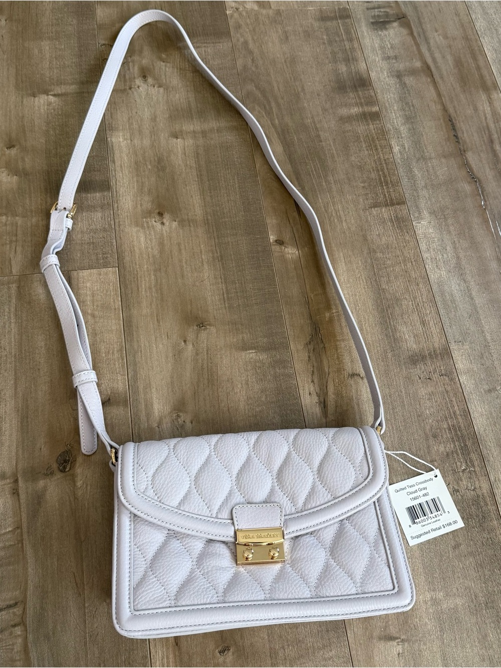NEW Vera Bradley Quilted Tess Crossbody Cloud Gray Purse Bag Gold Leather $168